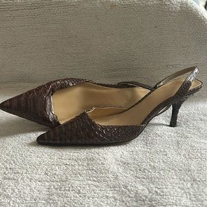 Vintage J. Crew wine-colored snakeskin slingback kitten heels.